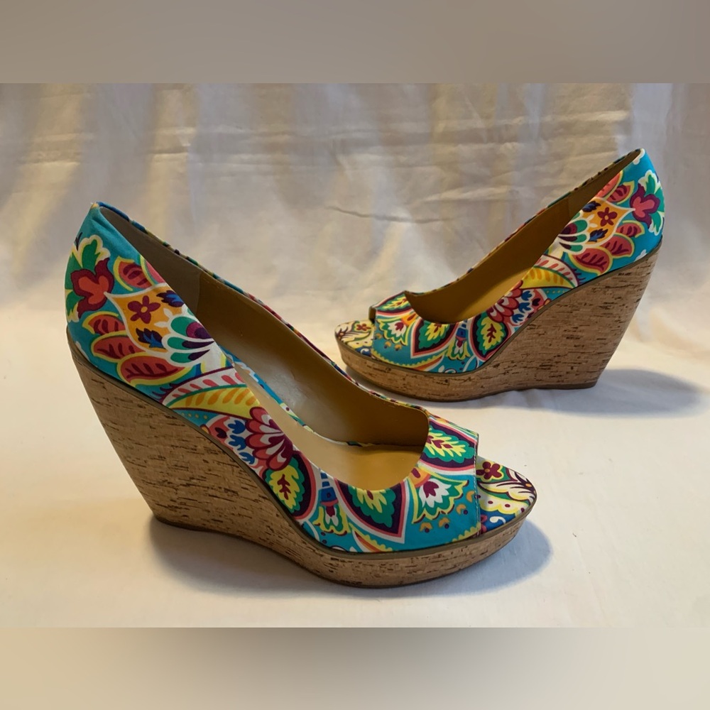 Vibrant Multicolor Floral Print Cork Wedge Heels - Picture 6 of 15